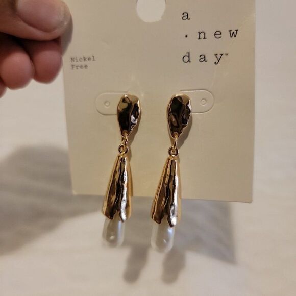 A New Day Gold Nickel Free Warped Cap Simulated Pearl Drop Earrings - Picture 3 of 5